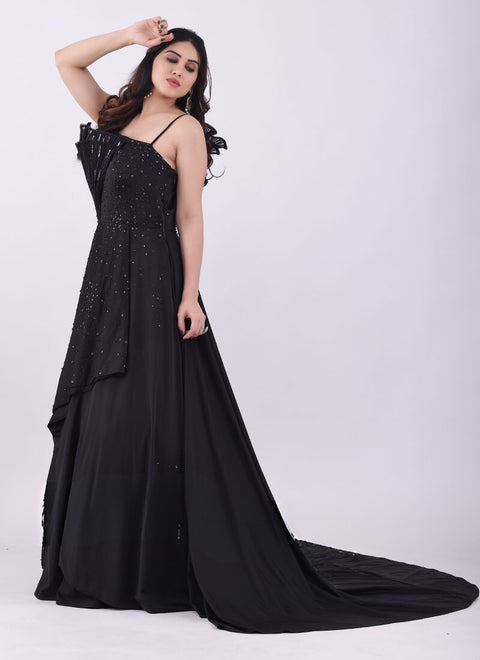Designer Black Gown With Side Trail (D1)