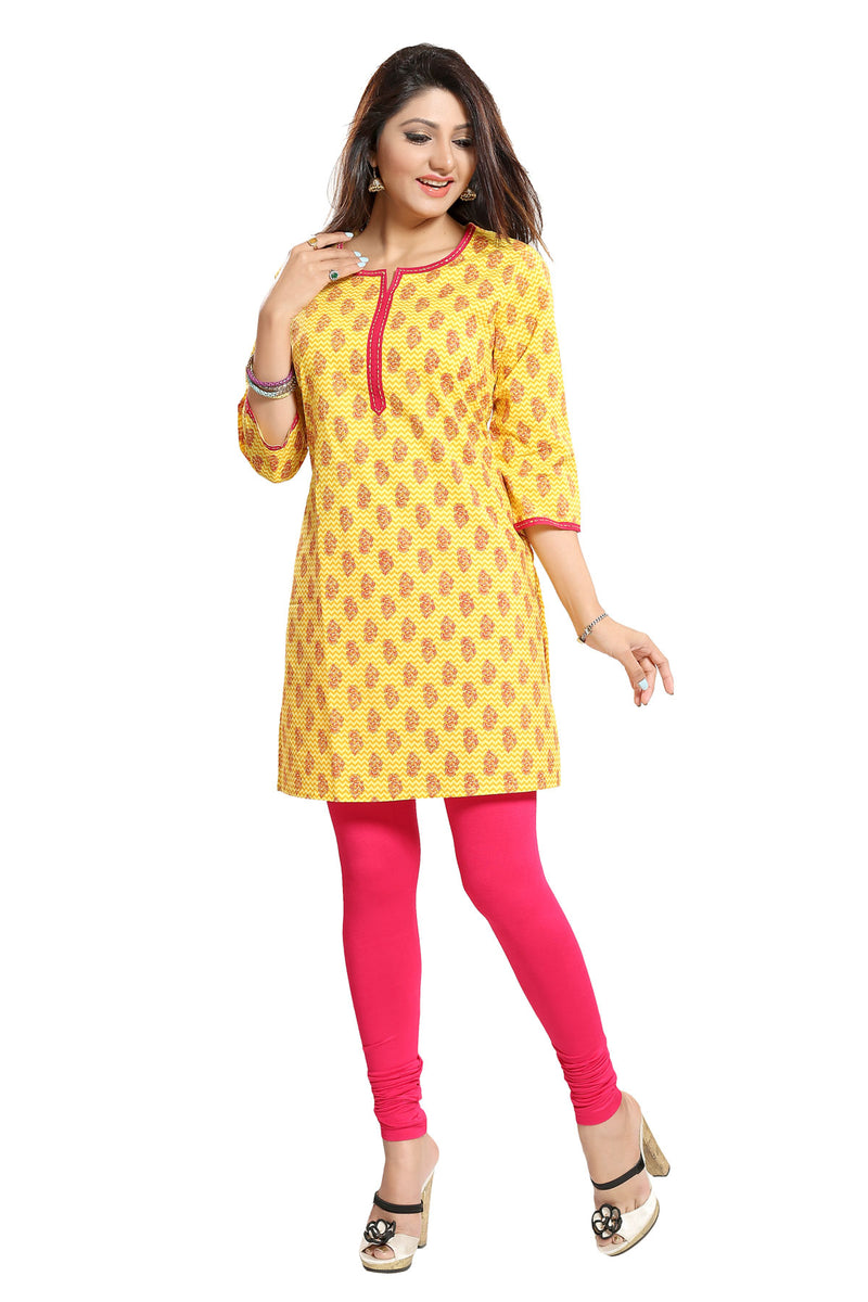 Vibrant Yellow and Pink Short Cotton Kurti for Women (K932) PAAIE