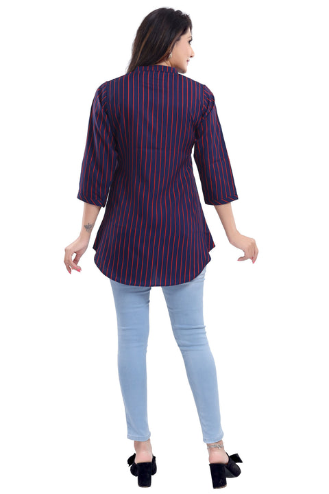 Elementary Blue and Red Striped Polyester Crepe Short Tunic Top for Women (K978)