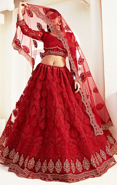 Designer Bridal Heritage Red Heavy Embroidered Net Bridal Lehenga Choli (D99)
