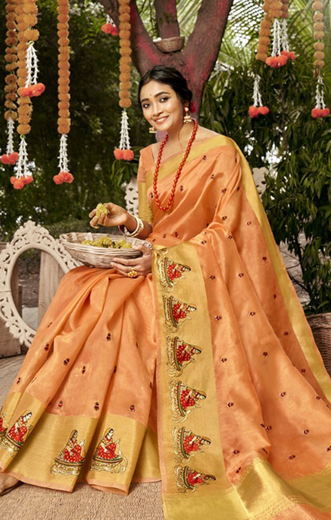 Designer Golden/Orange Organza Printed Saree for Casual Wear (D459)