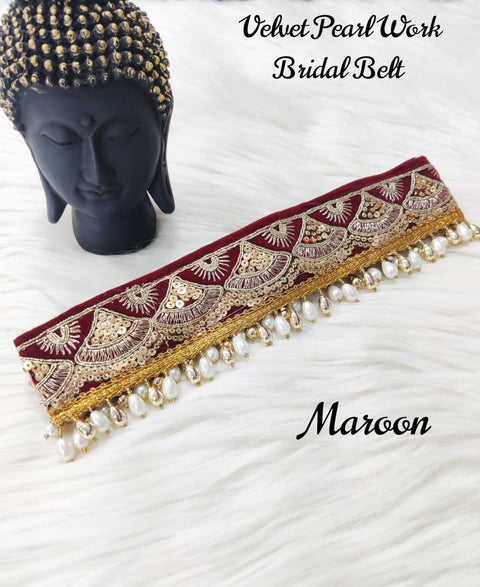 Maroon Color Velvet Pearl Work  Kamarband Bridal Belt / Sari Belt For Women With Embroidery (B14)