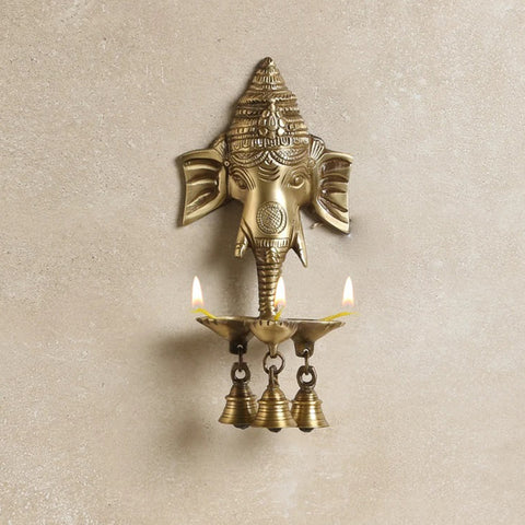 Brass Ganesha Wall Hanging Deepak With Bells for Home Decor, Brass Hanging Diyas Oil Lamp, Diwali Gifts, Diyas for Diwali, Temple Decor (Design 52)
