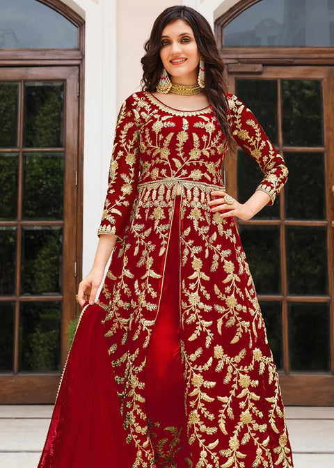 Red Colored Heavy Floral Embroidered Stitched Anarkali Pant Suit (D867)