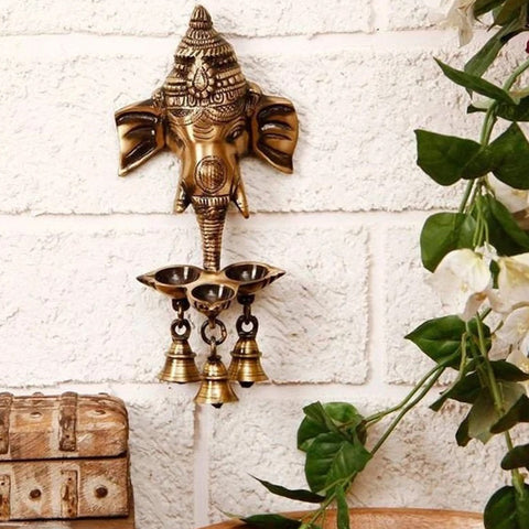 Brass Ganesha Wall Hanging Deepak With Bells for Home Decor, Brass Hanging Diyas Oil Lamp, Diwali Gifts, Diyas for Diwali, Temple Decor (Design 52)