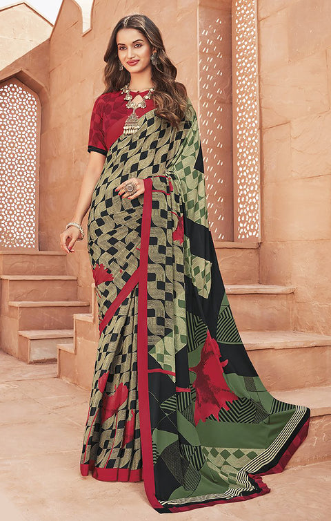 Designer Olive Green & Red Color Printed Saree For Casual & Party Wear (D659)