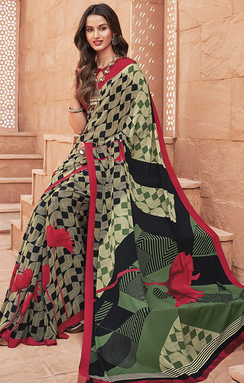 Designer Olive Green & Red Color Printed Saree For Casual & Party Wear (D659)