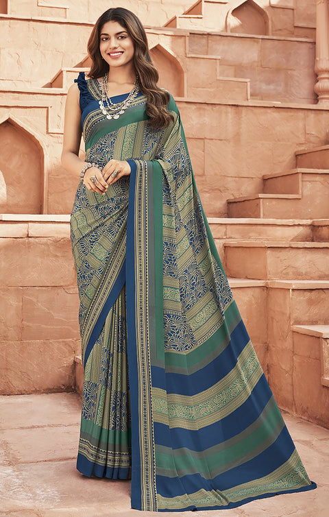 Designer Navy Blue Color Printed Saree For Casual & Party Wear (D666)