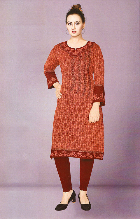 Attractive Red Color Woolen Ethnic Kurti For Casual Wear (K418)