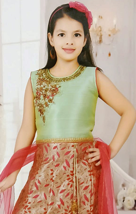 Girls' Green Lehenga Choli with Embroidery Work - PAAIE