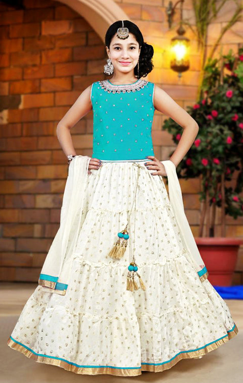 Lehenga Choli in Green/White Color with Sequins & Embroidery Work