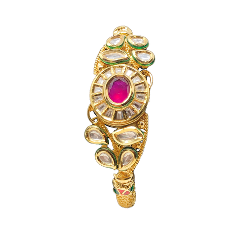 Detailed Gold Plated and Kundan Bracelet with Oval Ruby - PAAIE