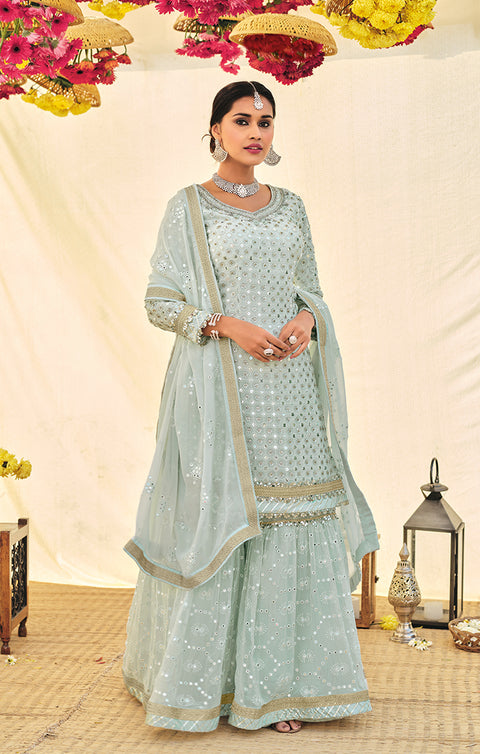 Designer Sky Blue Color Suit with Sharara & Dupatta in Georgette (K551)