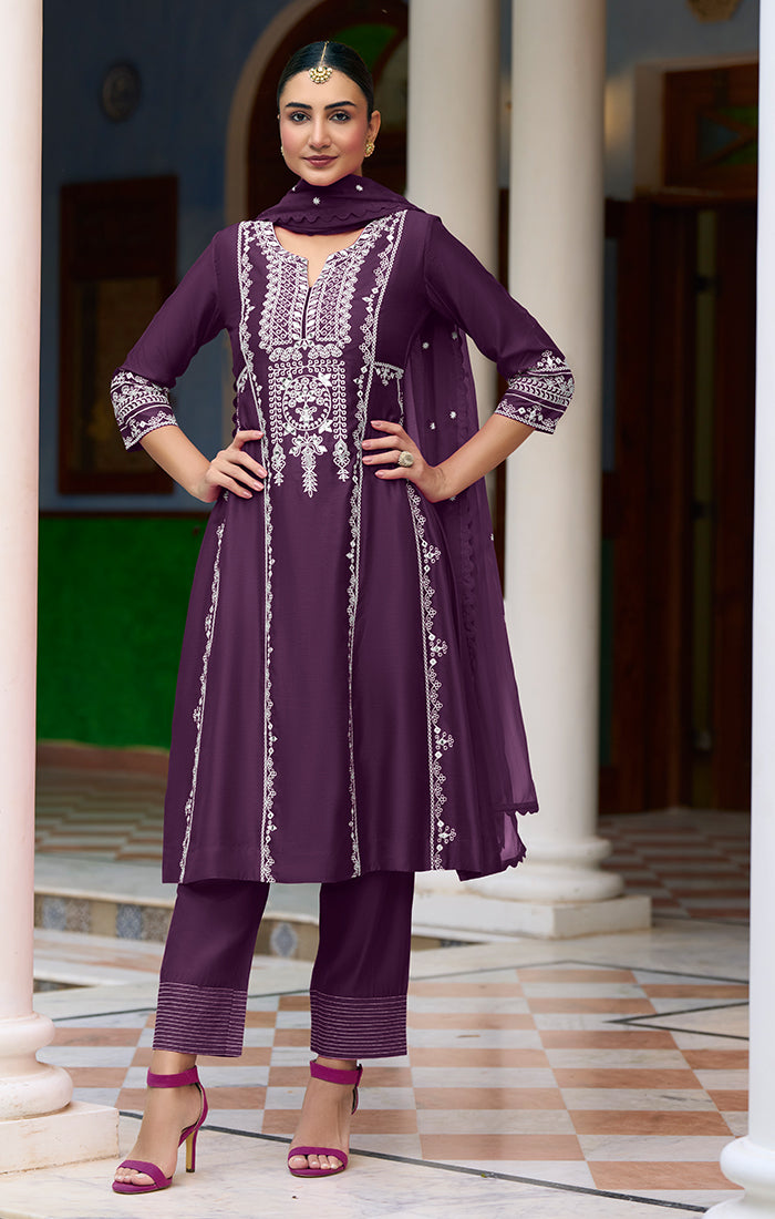 Designer Wine Color Embroidery Work Romani Silk Readymade Suit With Pa