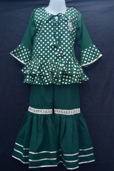 Girls' Green Georgette Printed Designer Kurti and Sharara - PAAIE