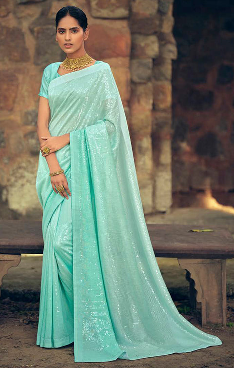 Gorgeous Teal Georgette Sequins Work Designer Saree With Fancy Blouse - PAAIE