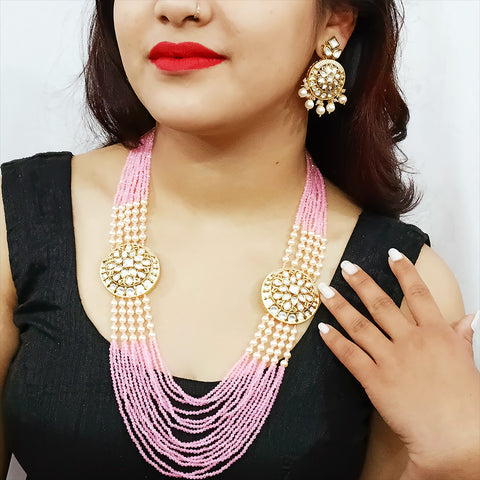 Designer White Kundan & Pink Beads Long Necklace with Earrings (D196)