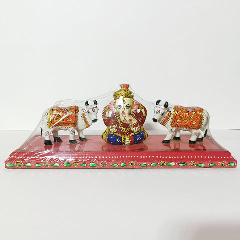 Metal Handcrafted Lord Ganesha with Standing Cow Pair on Wooden Chowki Showpiece for Home Decor (D28)