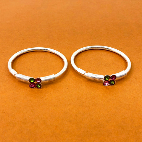 Unisex Green and Pink Designer Silver Baby Bangle Set (Design 31) - PAAIE