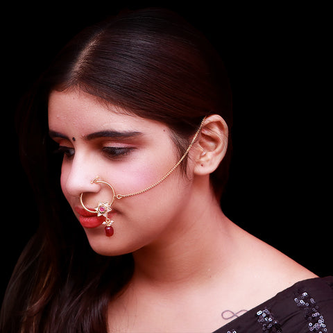 Gold Plated Royal Kundan & Ruby Studded Nose Ring with Chain - NATH (Design 21)