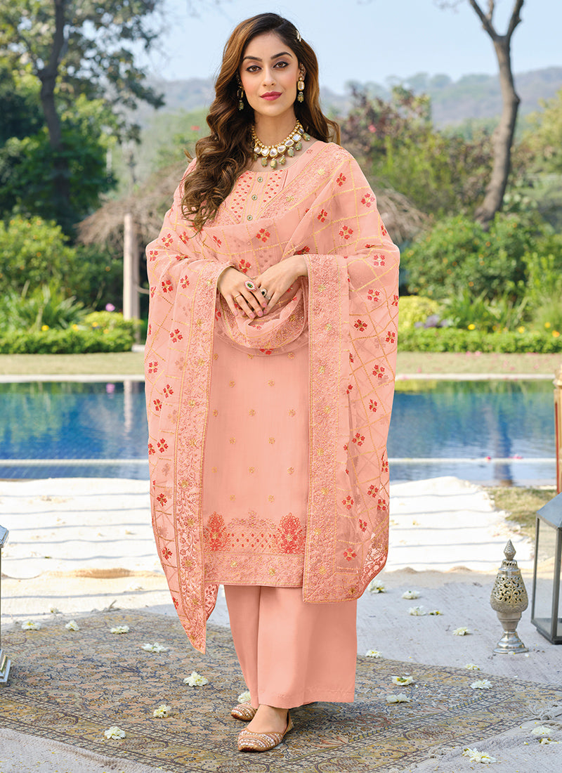 Designer Peach Color Suit with Pant & Dupatta in Viscose Organza (D835 ...