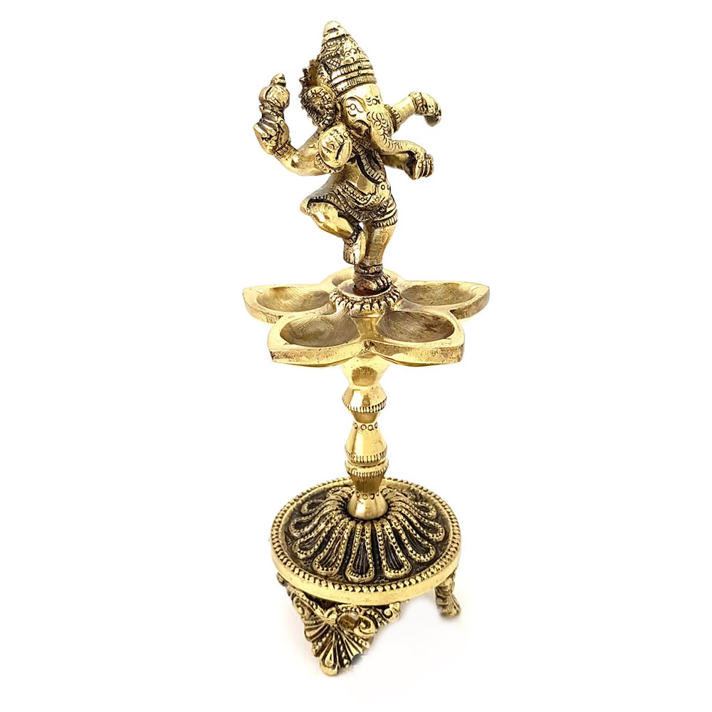 Dancing Ganesha Over Ethnic Stand Five Oil Wick Brass Diya, Indian
