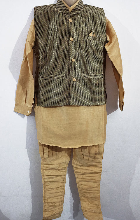 Boys' Cotton Kurta & Pajama with Waistcoat in Golden Color - PAAIE