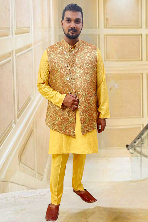 Designer Pastel Yellow Silk Kurta Pajama with Waist Coat (D95)