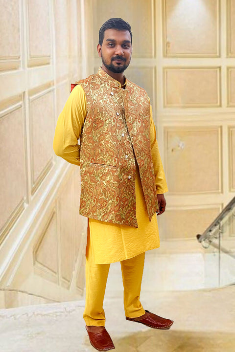 Designer Pastel Yellow Silk Kurta Pajama with Waist Coat (D95)