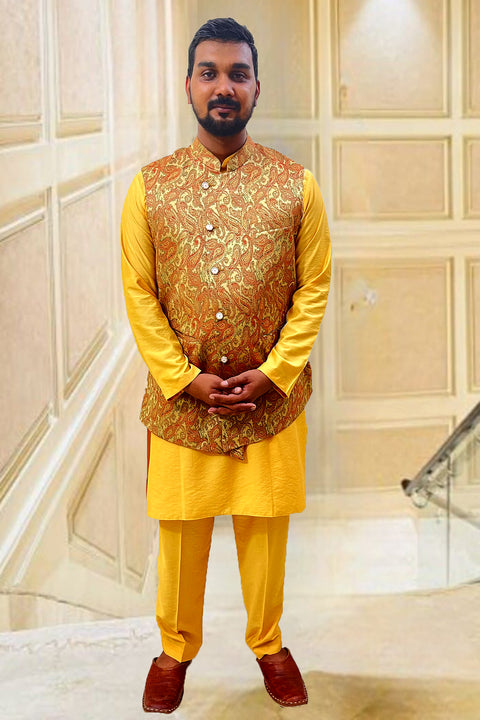 Designer Pastel Yellow Silk Kurta Pajama with Waist Coat (D95)