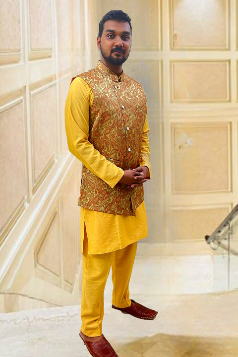 Designer Pastel Yellow Silk Kurta Pajama with Waist Coat (D95)