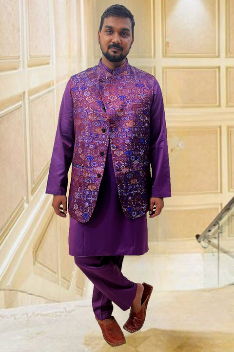 Designer Purple Color Silk Kurta Pajama with Waist Coat (D96)