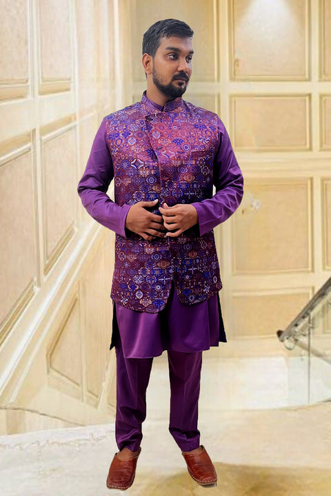 Designer Purple Color Silk Kurta Pajama with Waist Coat (D96)