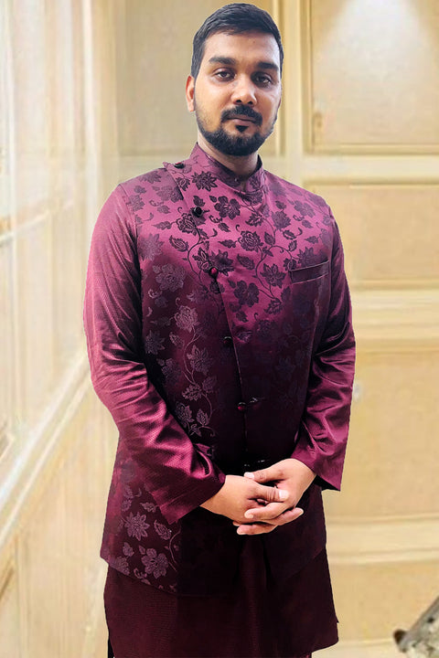 Designer Wine Color Silk Kurta Pajama with Waist Coat (D97)