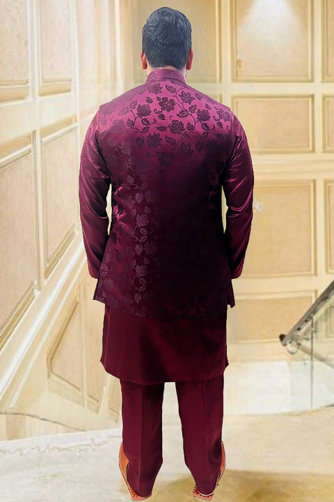 Designer Wine Color Silk Kurta Pajama with Waist Coat (D97)