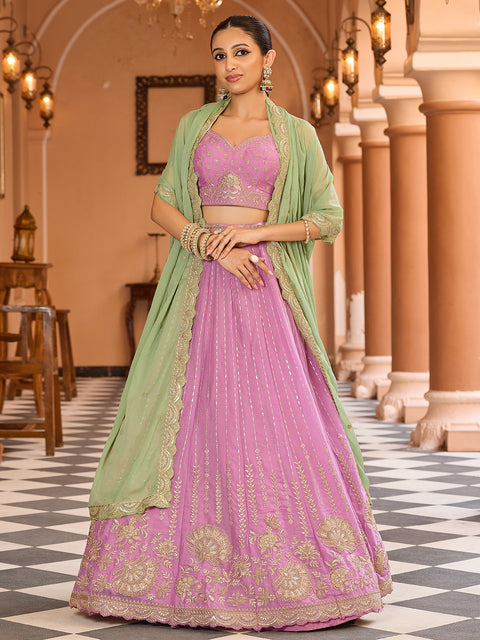 Pink-Tissue Silk Fabric Sequins embroidery Lehenga & Blouse With Dupatta (D925)