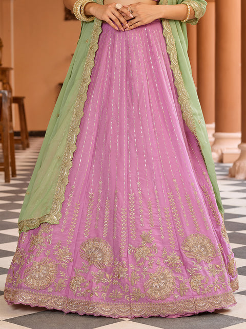 Pink-Tissue Silk Fabric Sequins embroidery Lehenga & Blouse With Dupatta (D925)