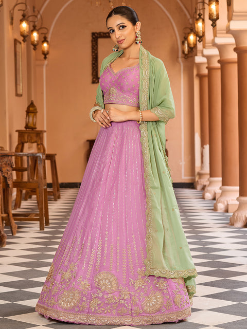 Pink-Tissue Silk Fabric Sequins embroidery Lehenga & Blouse With Dupatta (D925)