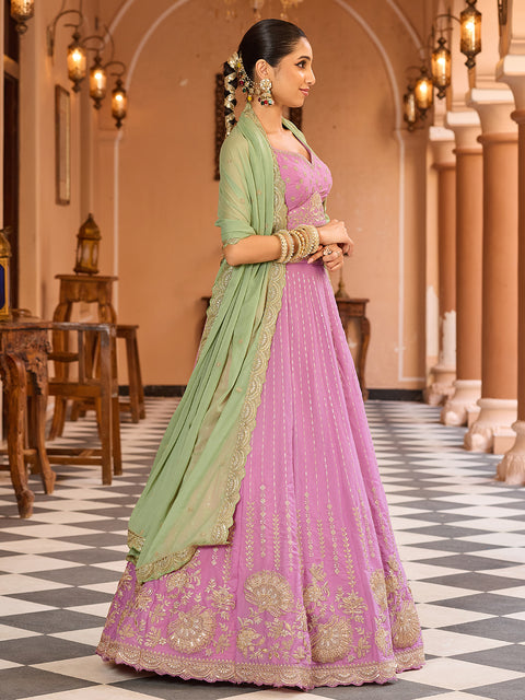 Pink-Tissue Silk Fabric Sequins embroidery Lehenga & Blouse With Dupatta (D925)