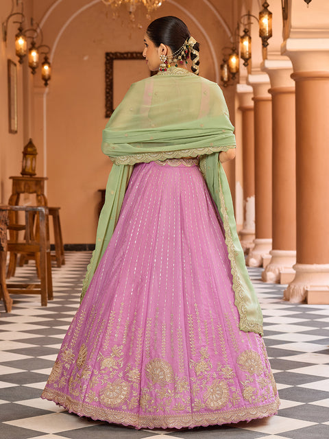 Pink-Tissue Silk Fabric Sequins embroidery Lehenga & Blouse With Dupatta (D925)