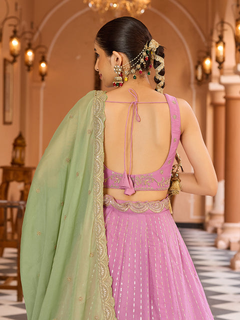 Pink-Tissue Silk Fabric Sequins embroidery Lehenga & Blouse With Dupatta (D925)