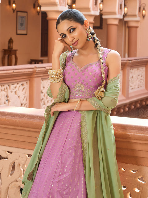 Pink-Tissue Silk Fabric Sequins embroidery Lehenga & Blouse With Dupatta (D925)