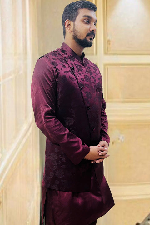 Designer Wine Color Silk Kurta Pajama with Waist Coat (D97)