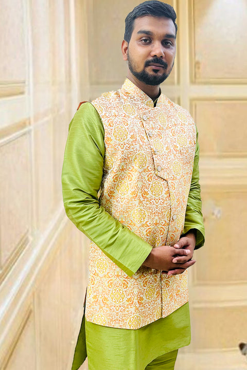 Designer Bottle Gourd Green Color Silk Kurta Pajama with Waist Coat (D100)