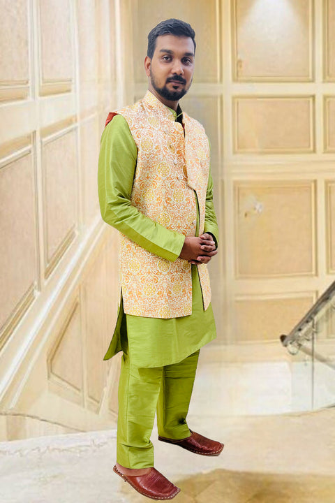 Designer Bottle Gourd Green Color Silk Kurta Pajama with Waist Coat (D100)