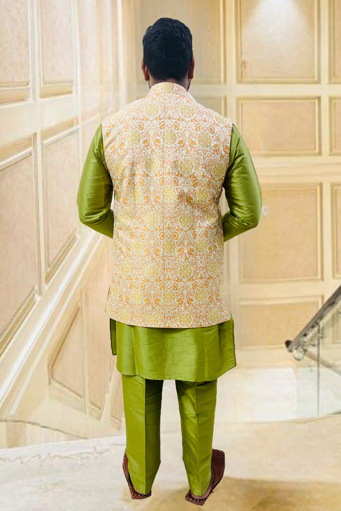 Designer Bottle Gourd Green Color Silk Kurta Pajama with Waist Coat (D100)