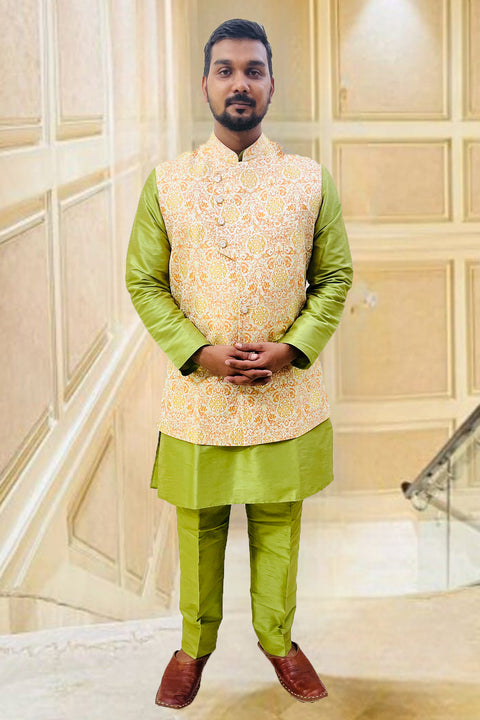 Designer Bottle Gourd Green Color Silk Kurta Pajama with Waist Coat (D100)