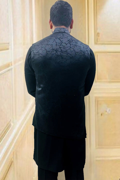 Designer Black Color Silk Kurta Pajama with Waist Coat (D98)