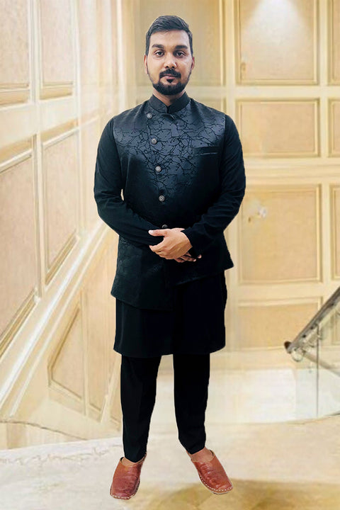 Designer Black Color Silk Kurta Pajama with Waist Coat (D98)