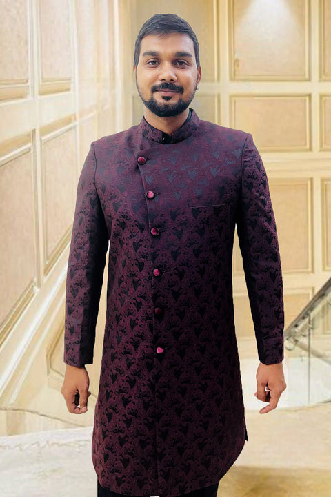 Designer Men's Festive Wine & Black Digital Pattern Silk Sherwani Set (D94)